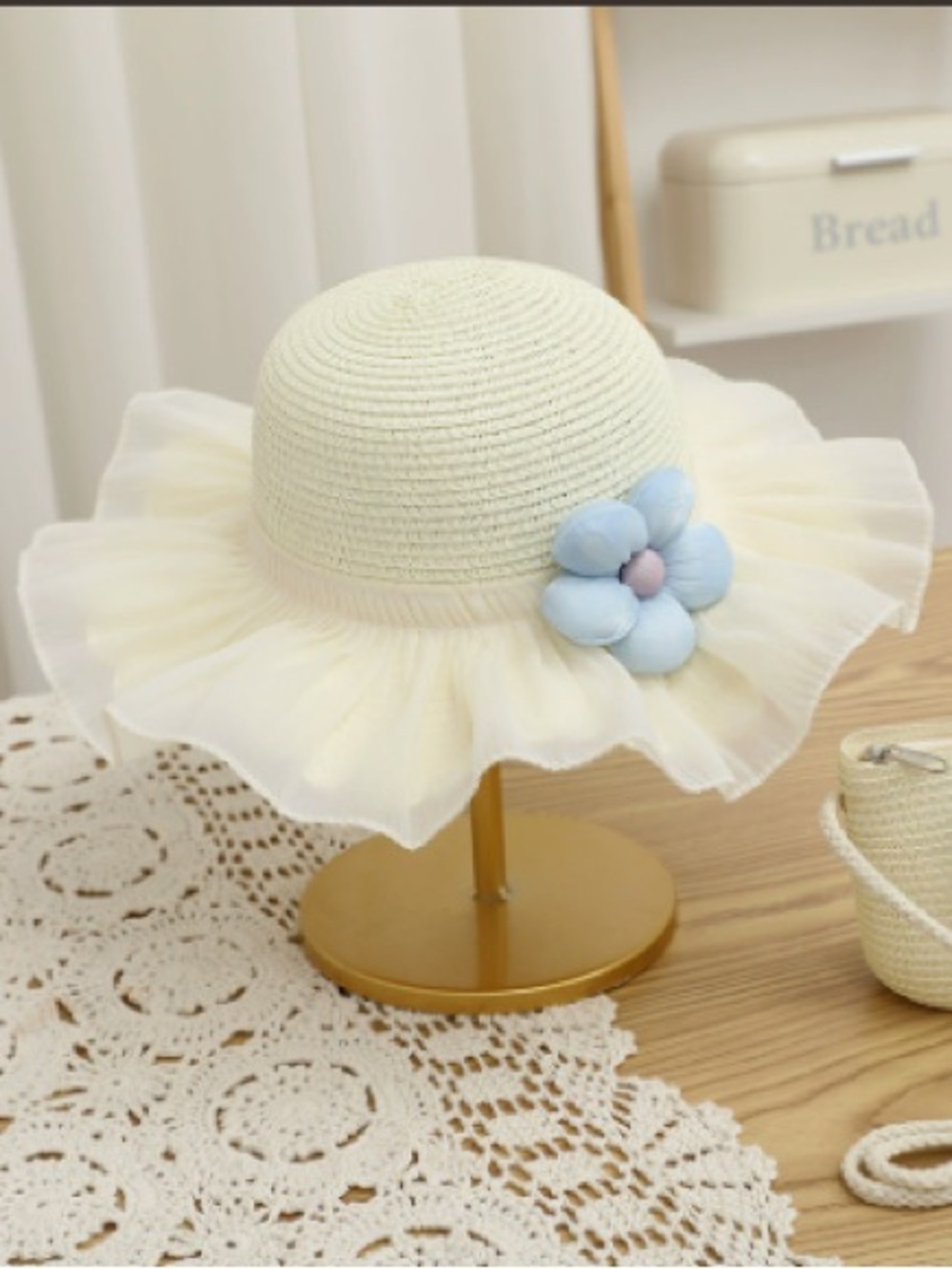 Kids Cream Sun Hat with Blue Flower Accent